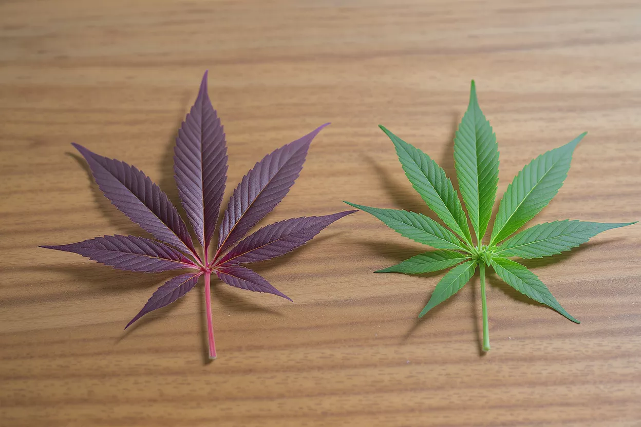 Two cannabis leaves, one purple and one green, on a wooden surface.