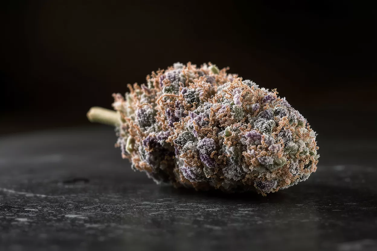 Close-up of a colorful cannabis bud with purple, orange, and white crystals.