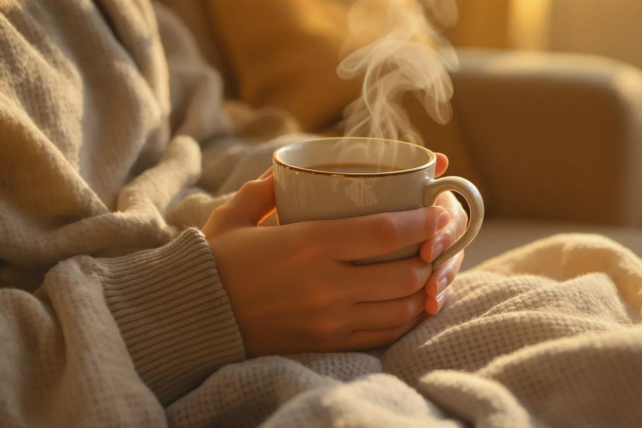 Close-up of hands holding a steaming cup of coffee, wrapped in a warm blanket.
