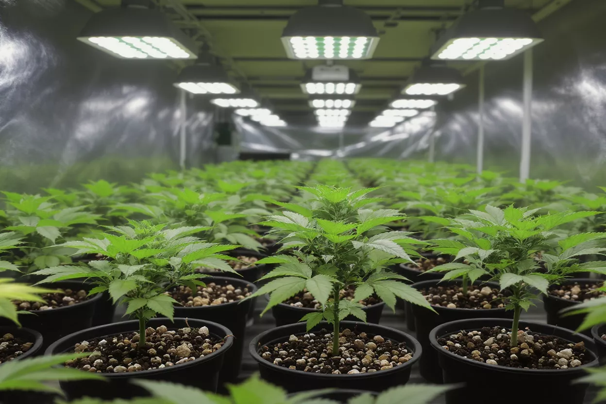 Rows of young cannabis plants under bright LED grow lights in an indoor facility.