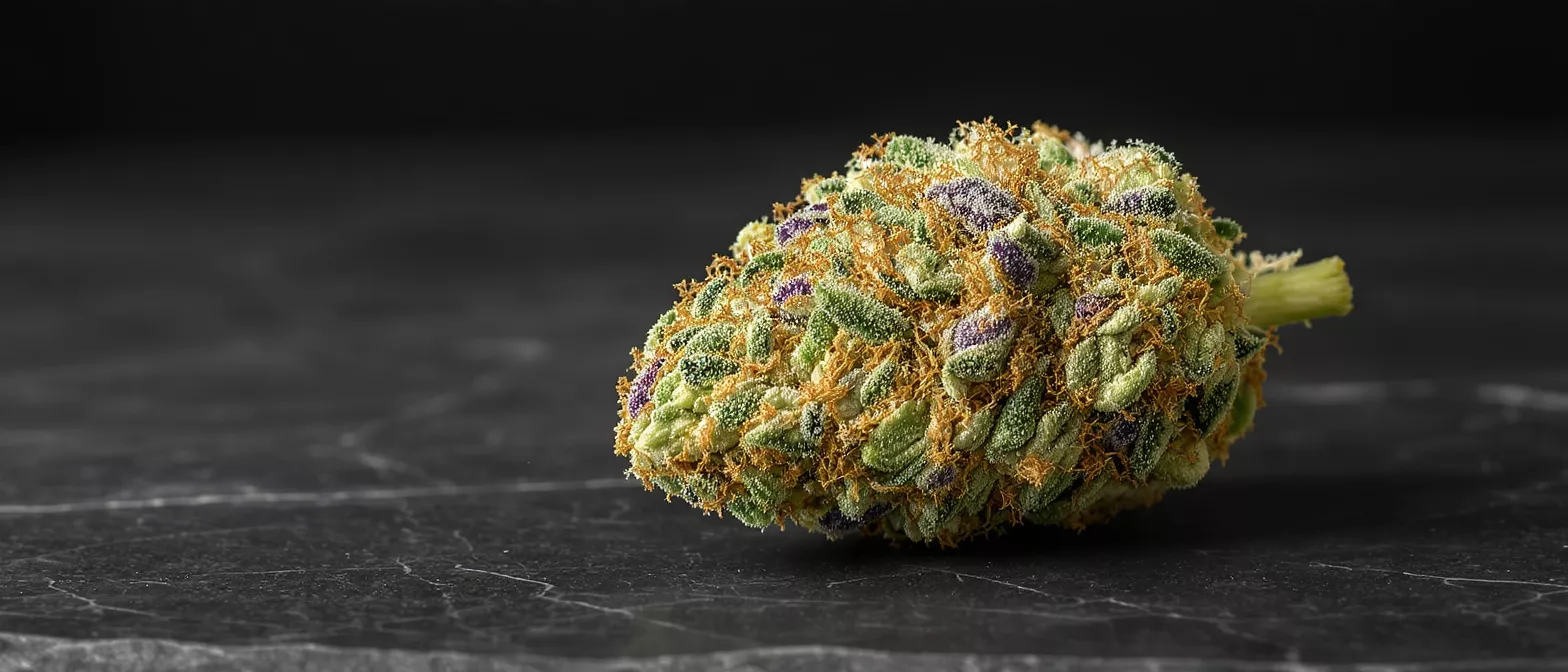 A vibrant cannabis bud with green, purple, and orange hues on a dark surface.