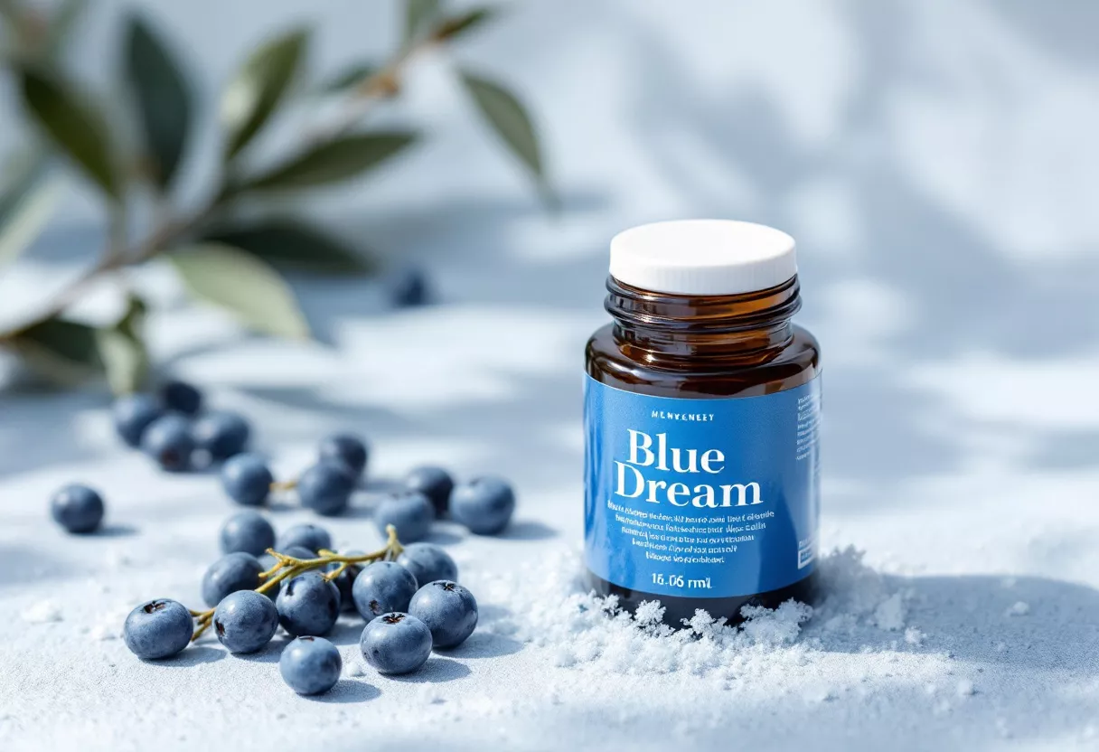 Bottle of Blue Dream supplement with blueberries