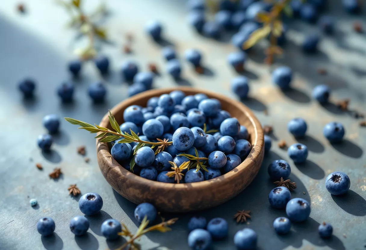A wooden bowl filled with fresh blueberries