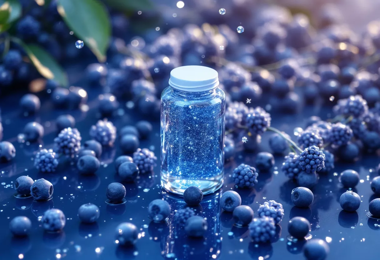 A glass bottle filled with blue glitter surrounded by blueberries