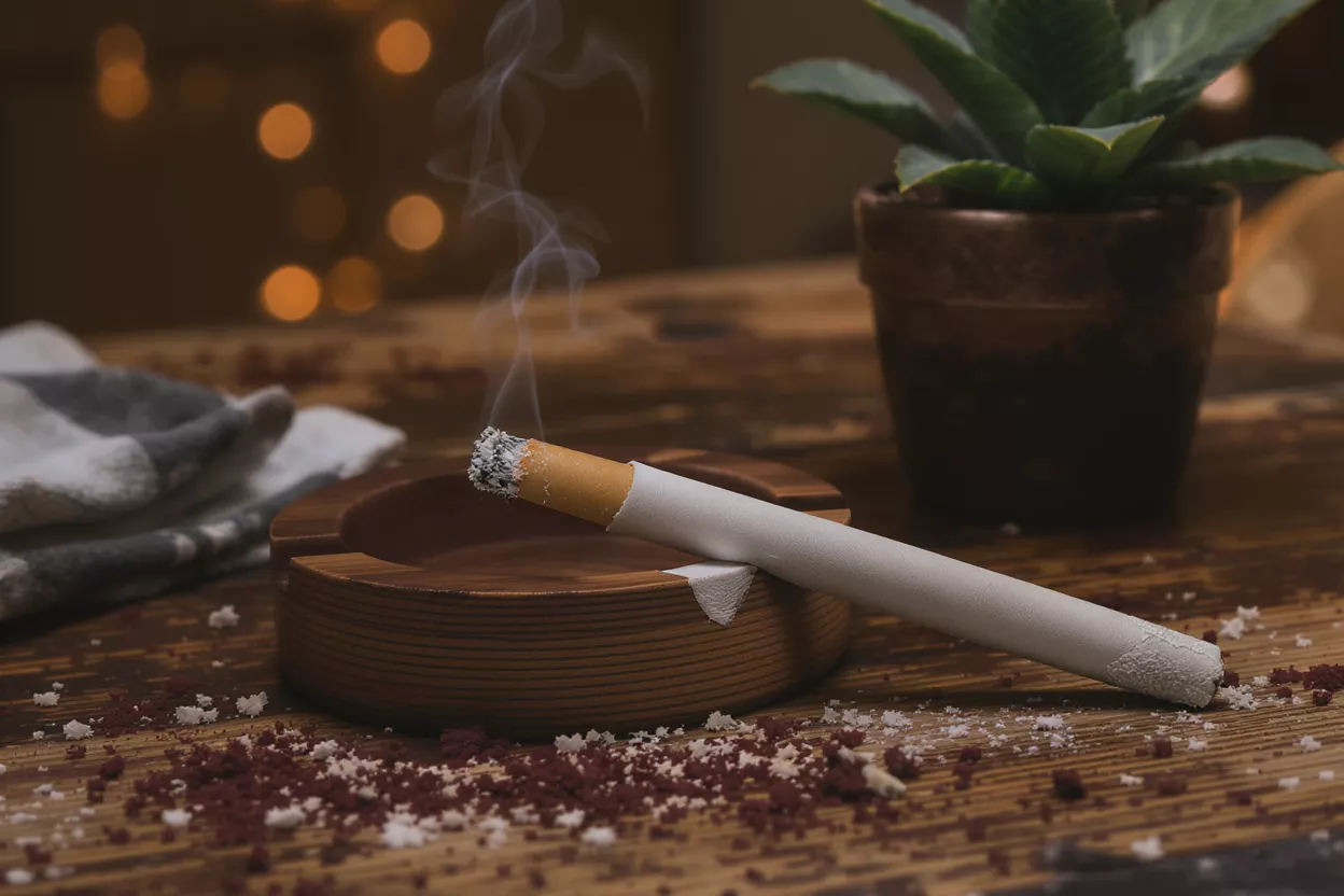 A lit cigarette with smoke rising, resting in a wooden ashtray on a rustic table.