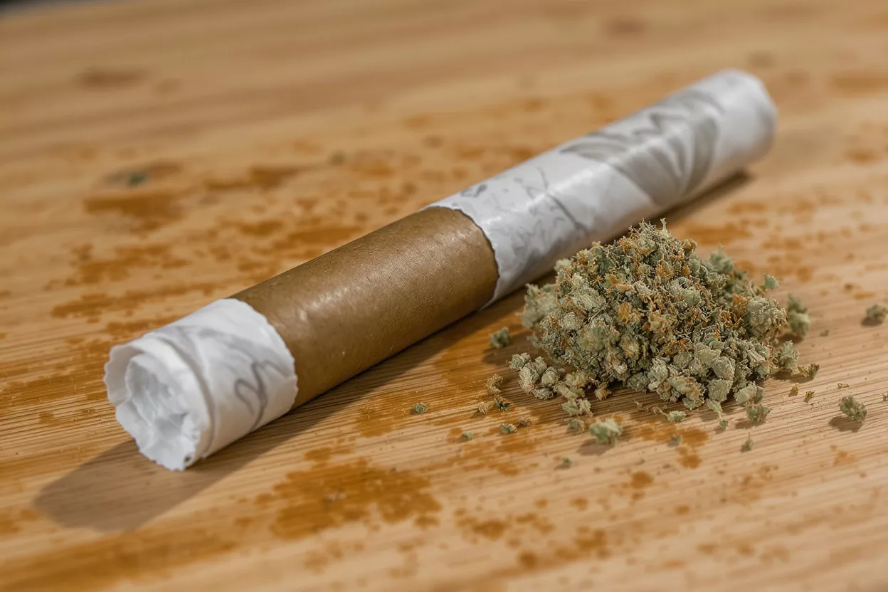 A cannabis blunt with ground flower on a wooden surface.