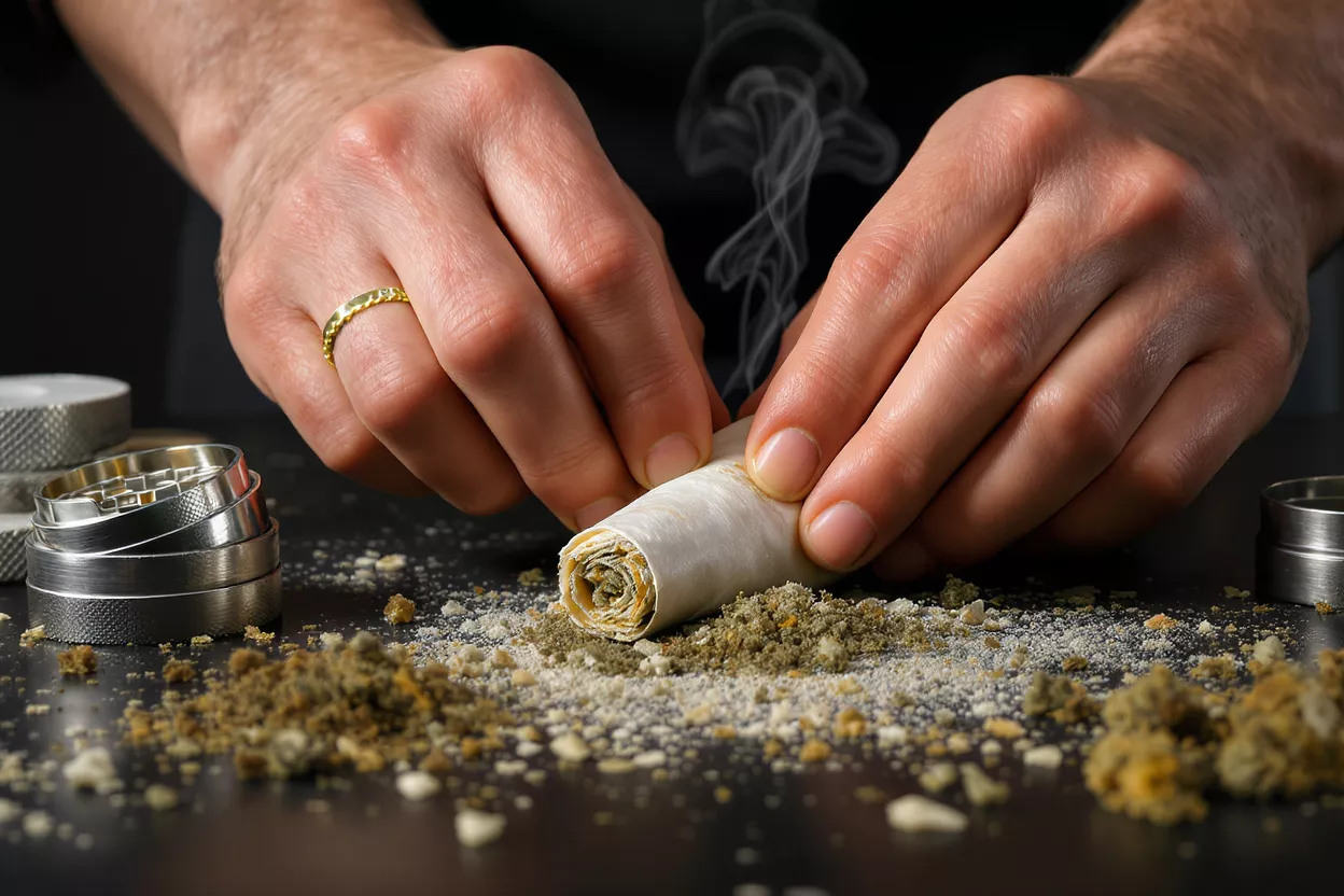 Close-up of hands rolling a cannabis joint with ground herb and kief.