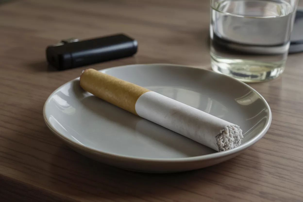 A cigarette resting on a gray plate, with a lighter and glass of water.