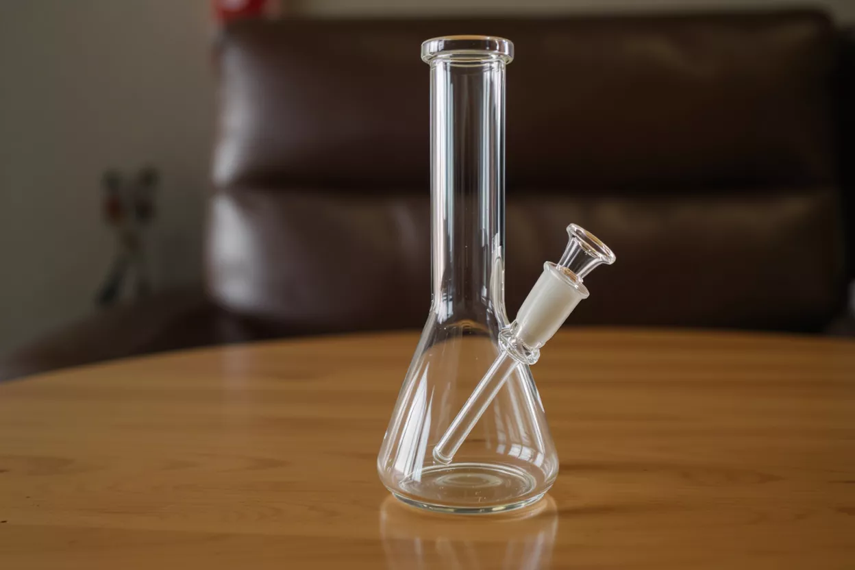 A clear glass beaker-style bong with a downstem and bowl on a wooden table.