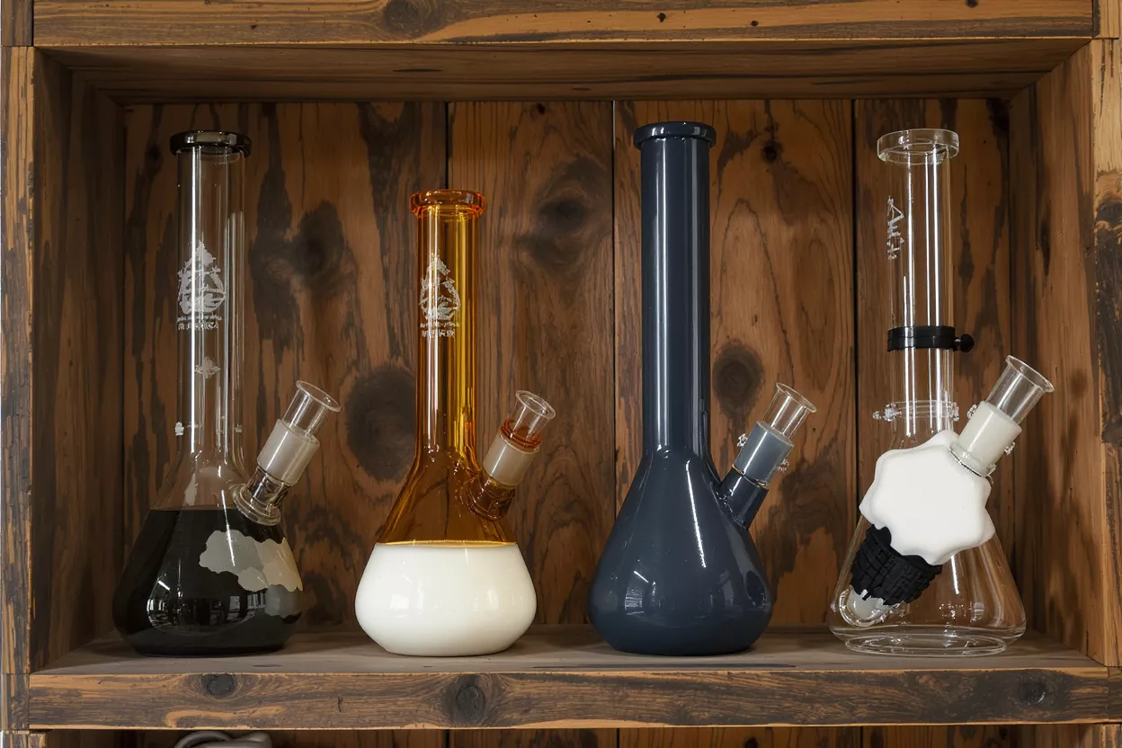 Four colorful glass water pipes displayed on a rustic wooden shelf.