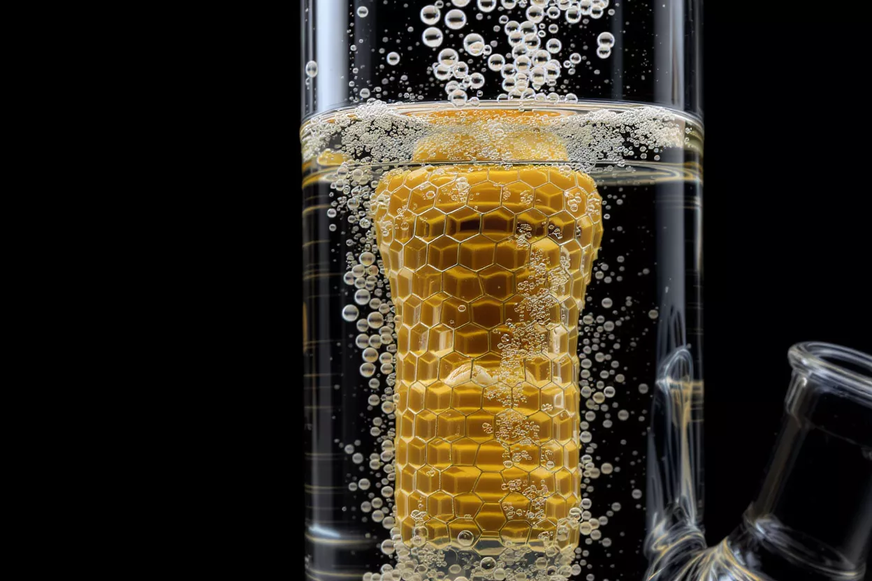 Close-up of a honeycomb percolator in a bong with water and bubbles.