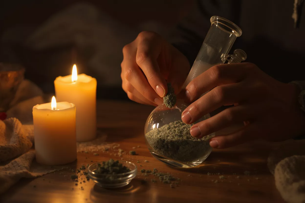 Hands preparing herbs in a glass bong, illuminated by two glowing candles.