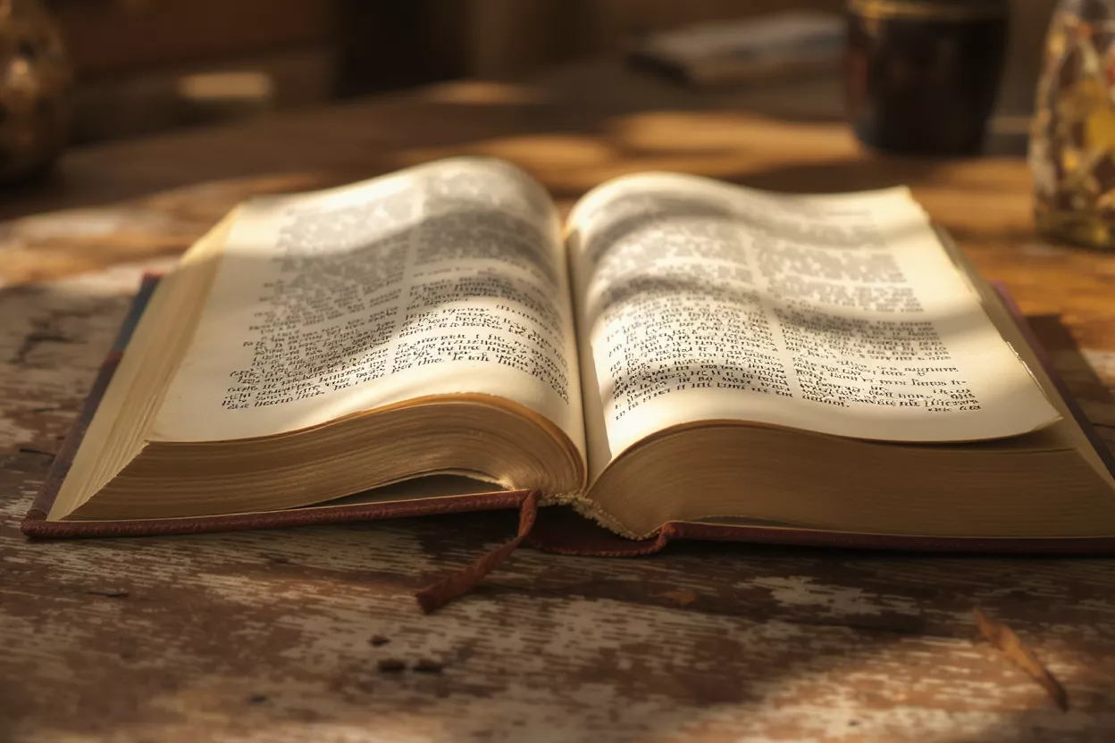 An old open book with text on a rustic wooden table, bathed in sunlight.