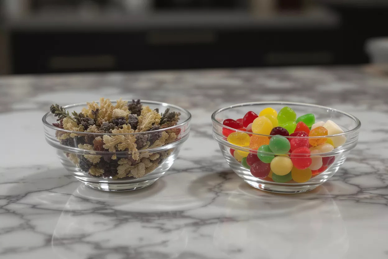 Two glass bowls on a marble counter, one with potpourri, one with colorful candies.