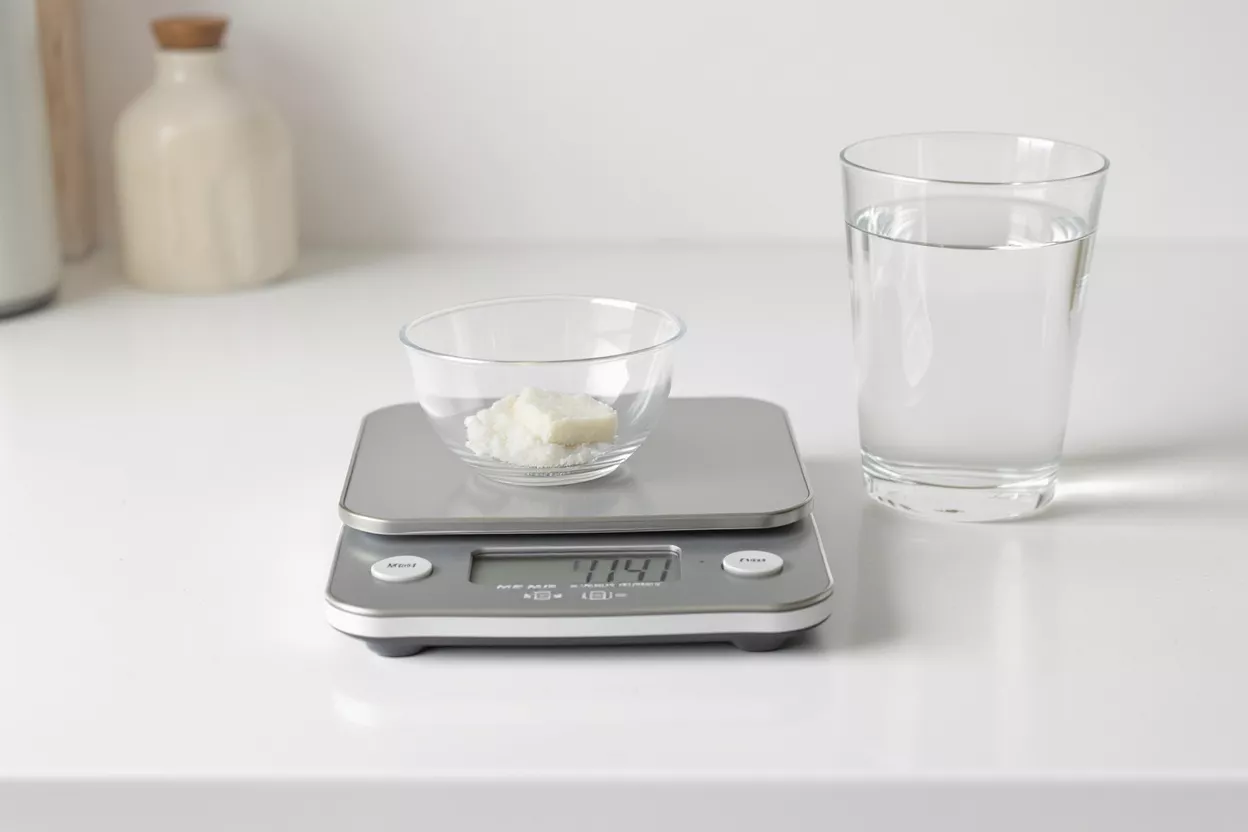 A kitchen scale with a bowl of white ingredients and a glass of water.