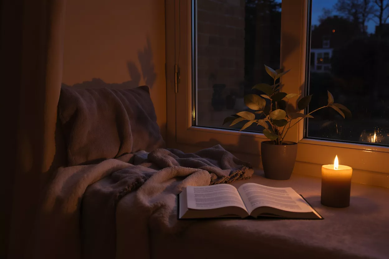 A cozy window nook with a book, candle, plant, pillow, and blanket at dusk.