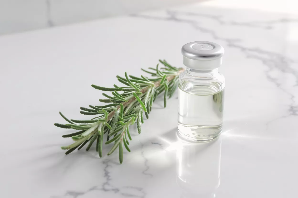 A sprig of fresh rosemary next to a small glass vial of clear liquid.