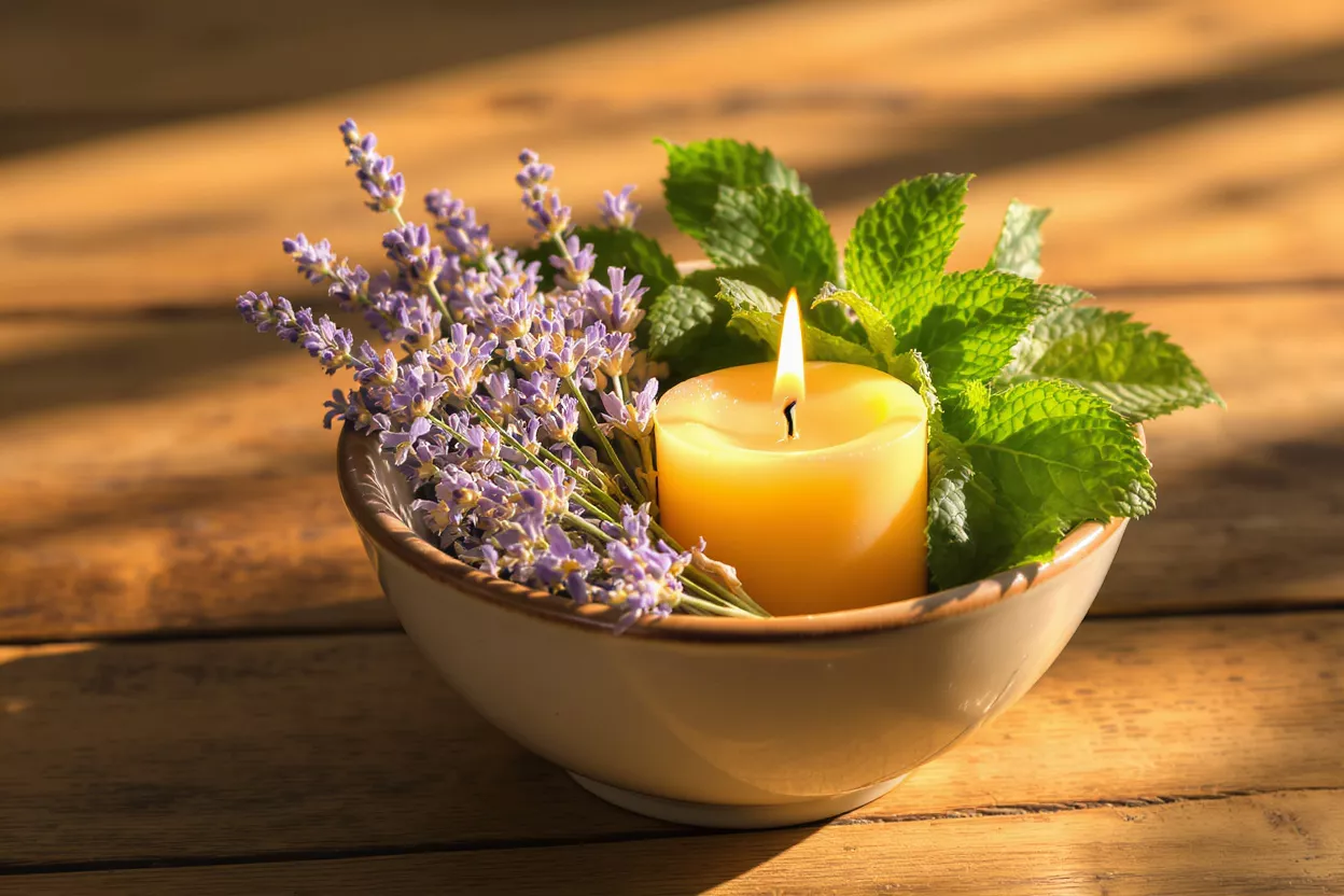 A lit yellow candle, lavender, and mint leaves in a bowl on a wooden surface.