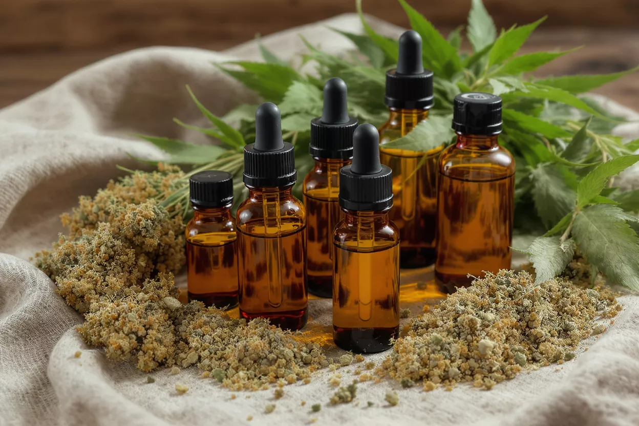 Amber glass dropper bottles of CBD oil with hemp leaves and dried buds.
