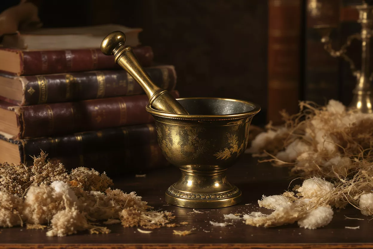 A vintage brass mortar and pestle with dried herbs and old books.