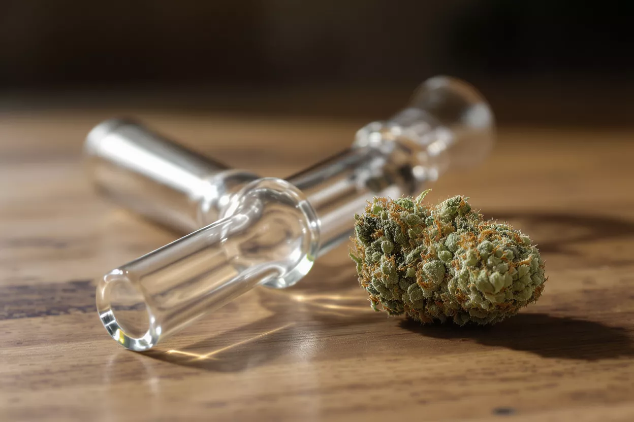 Close-up of a cannabis bud next to a clear glass pipe on a wooden surface.
