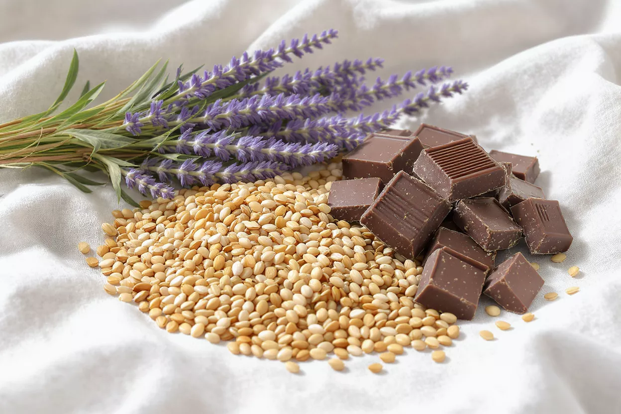 Lavender sprigs, chocolate squares, and sesame seeds on a white cloth.