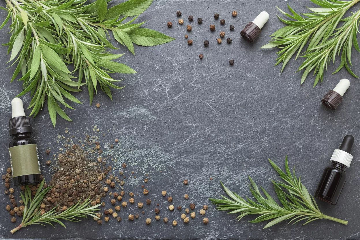 Essential oil bottles, fresh herbs, and peppercorns arranged on a dark slate background.