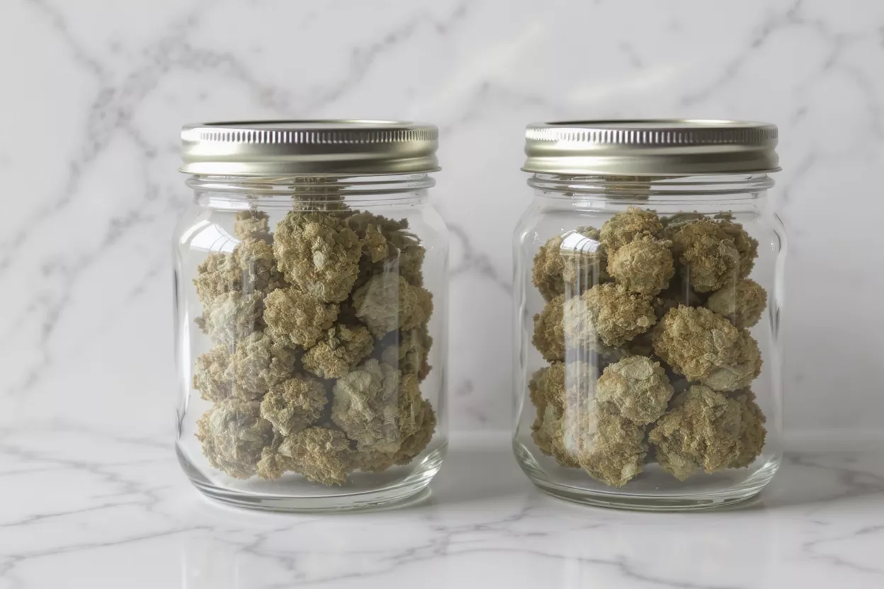 Dos frascos de vidrio llenos de cogollos de cannabis verde claro sobre una superficie de mármol blanco.
