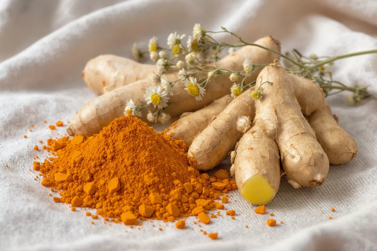Primer plan de raíces de cúrcuma, polvo naranja brillante y delicadas flores de manzanilla sobre tela blanca.