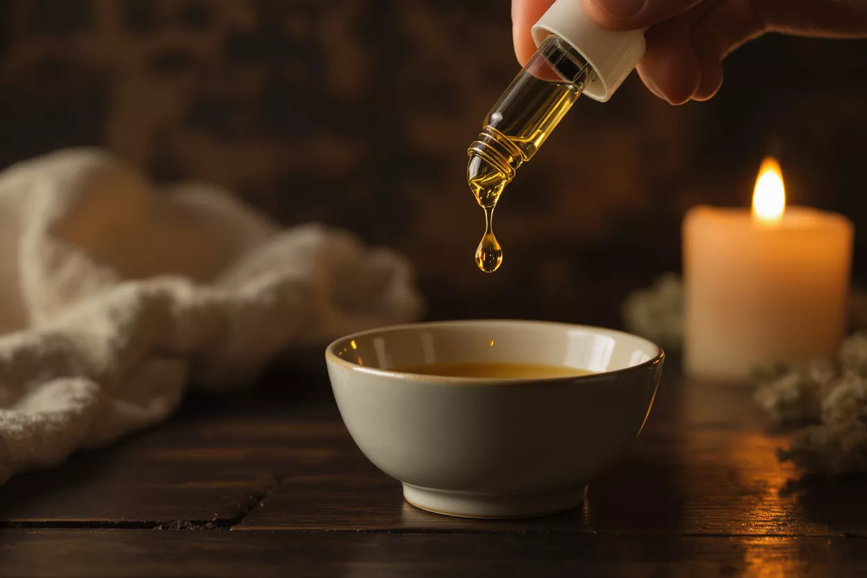 Mano sujetando un cuentagotas, dispensando aceite esencial dorado en un cuenco con una vela encendida.