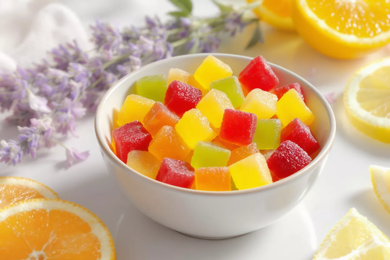 A bowl filled with colorful gummy candies and fruits