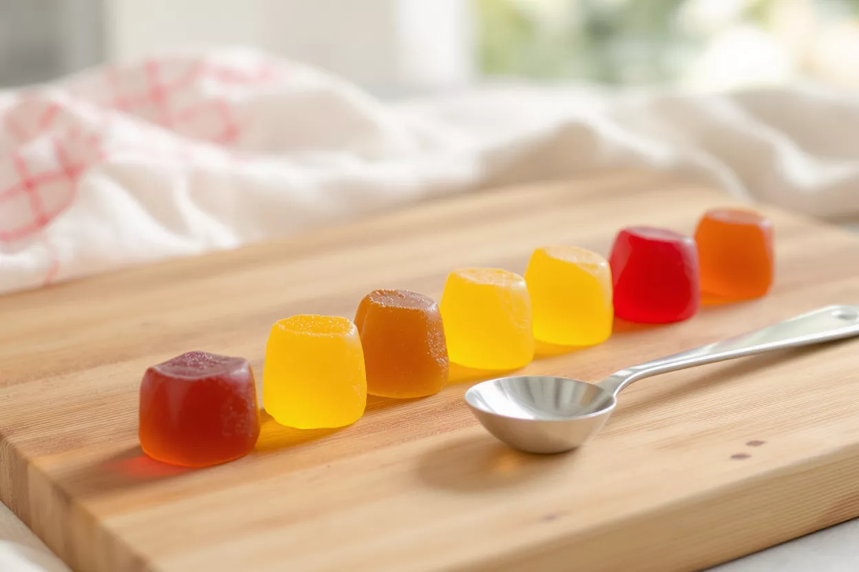 A variety of colorful gummy candies on a wooden surface