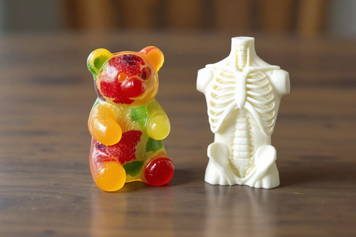A colorful gummy bear next to a white skeleton model