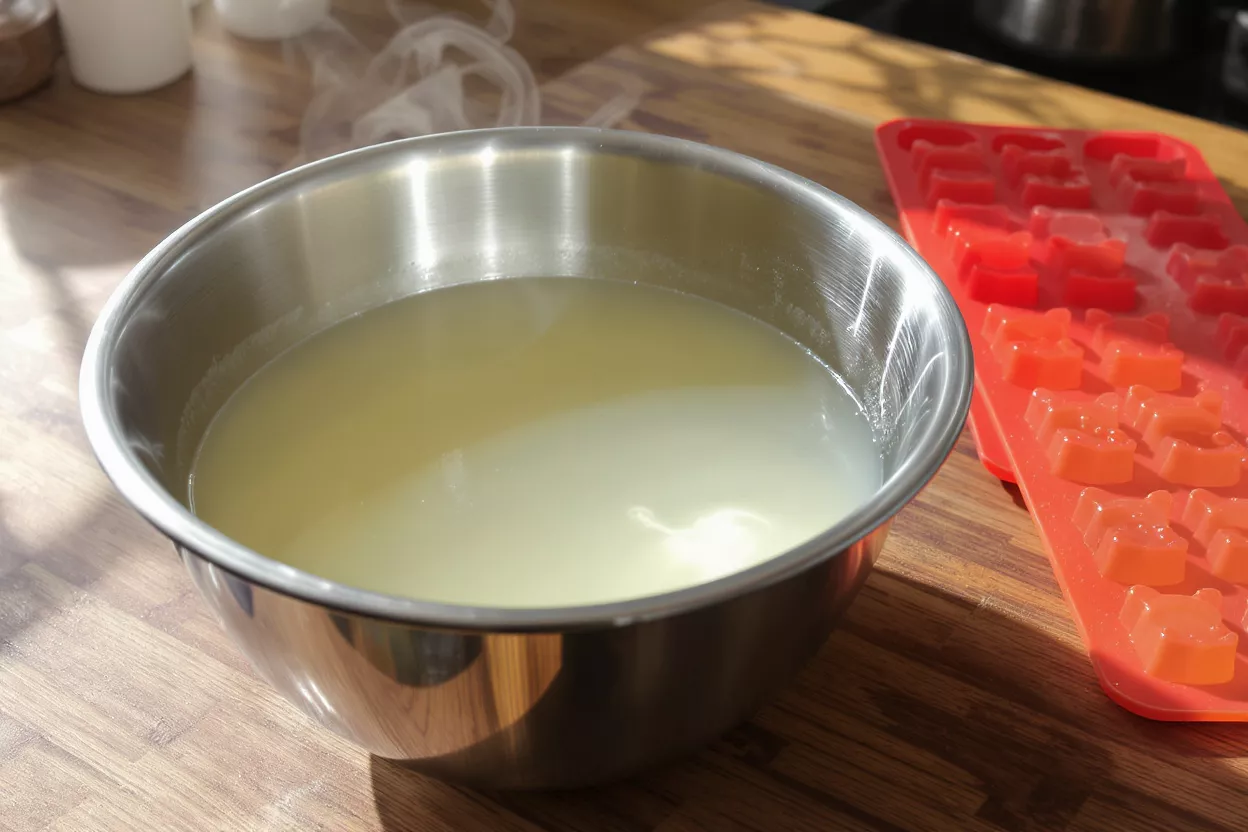 A bowl of steaming broth next to a silicone mold