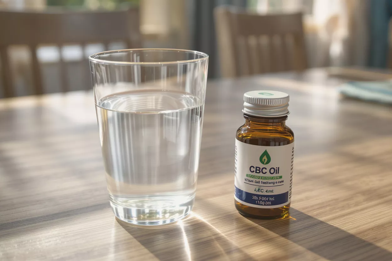 A small brown bottle of CBC oil sitting next to a glass of water.