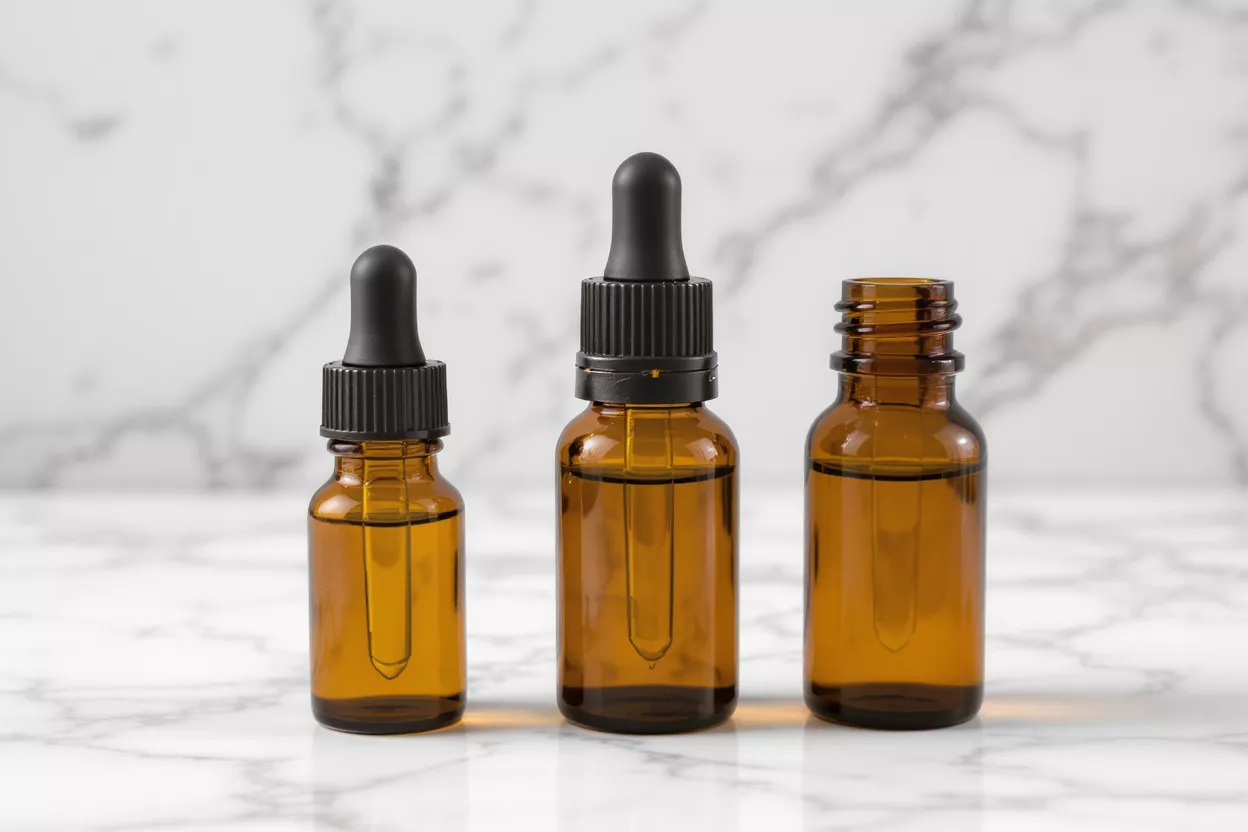 Three amber glass dropper bottles of varying sizes sitting on a white marble surface.