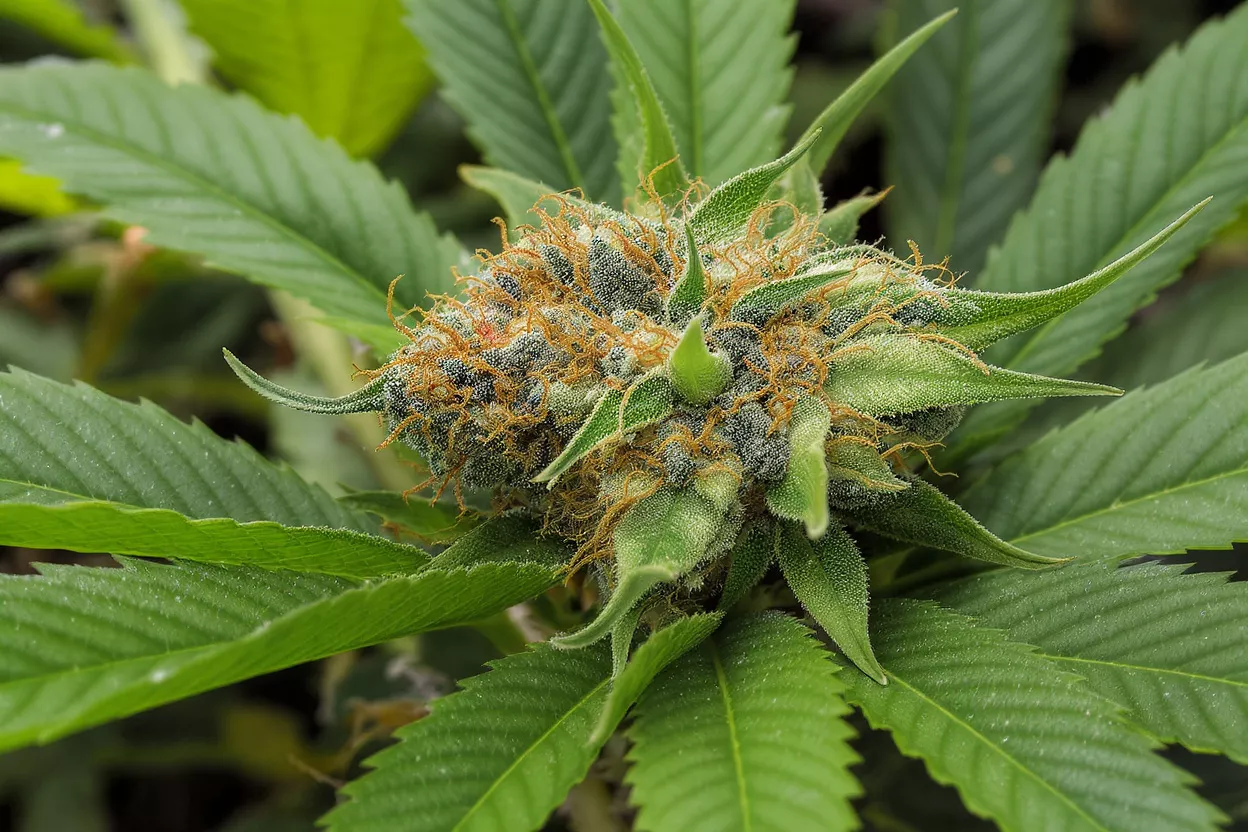 A detailed macro shot of a cannabis bud with orange pistils and frosty trichomes.