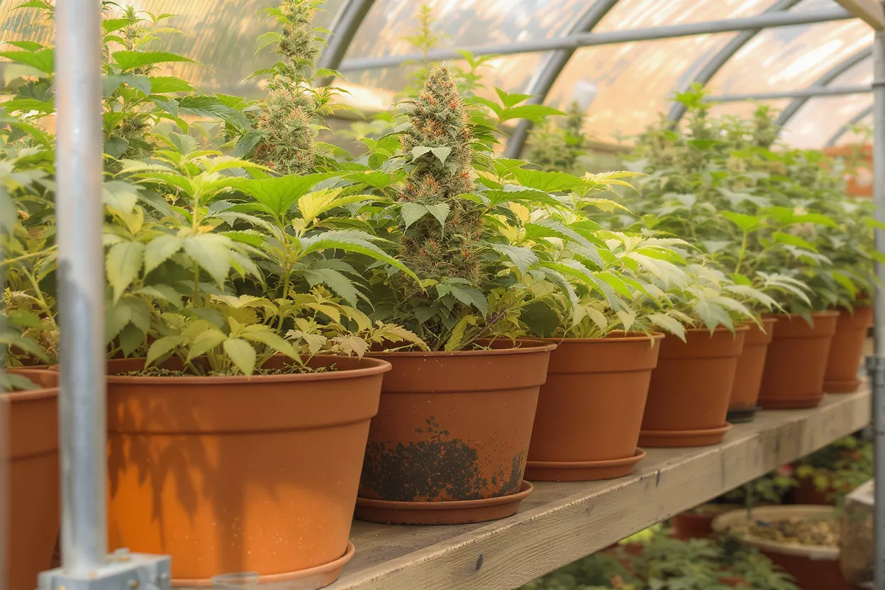 A row of potted cannabis plants with flowering buds on a shelf in a greenhouse.