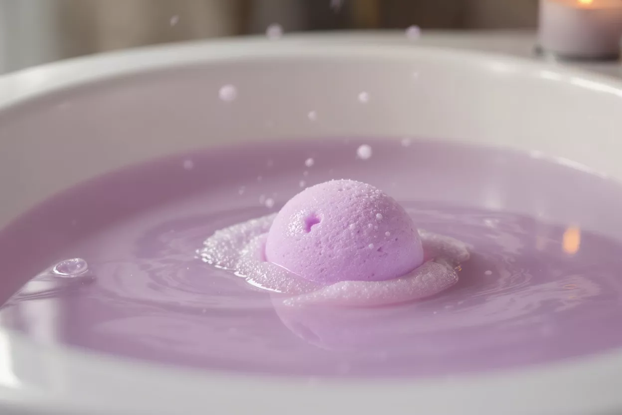 Una bomba de baño morada burbujeando en una bañera llena de agua color lavanda.