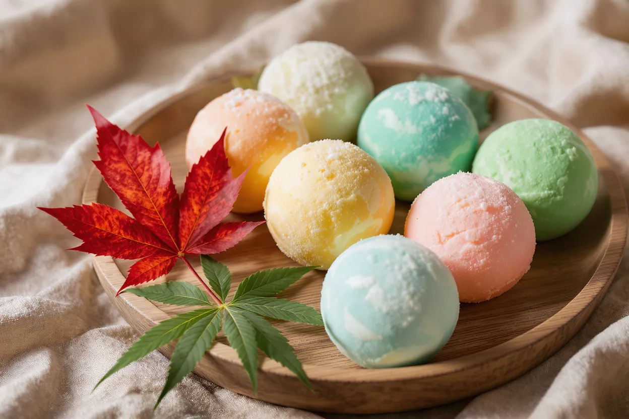 Bombas de baño coloridas en una bandeja de madera con hojas de otoño rojas y verdes.