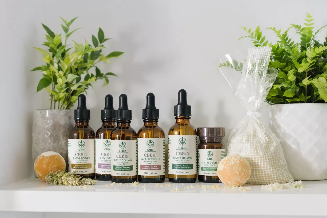 Una colección de bolas de baño, aceites y sales de baño de CBD y CBG.