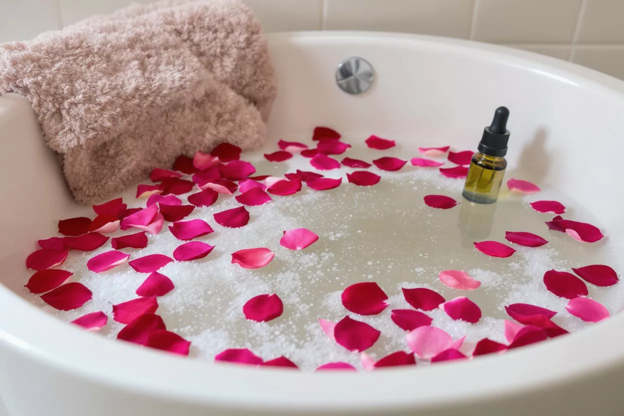 Una bañera blanca llena de agua, pétalos de rosa, sales de baño y aceite esencial.