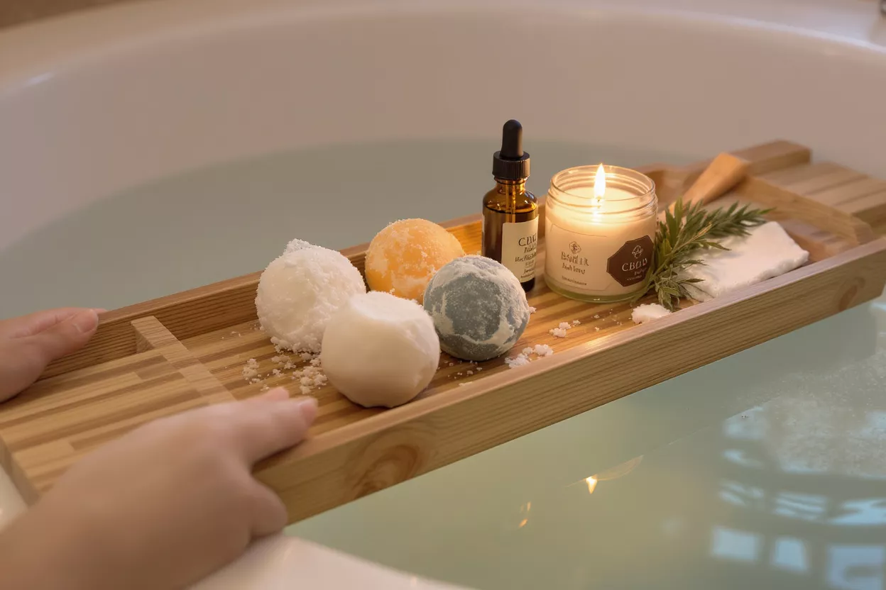 Manos sosteniendo una bandeja de baño de madera con bombas de baño, aceite y una vela encendida.