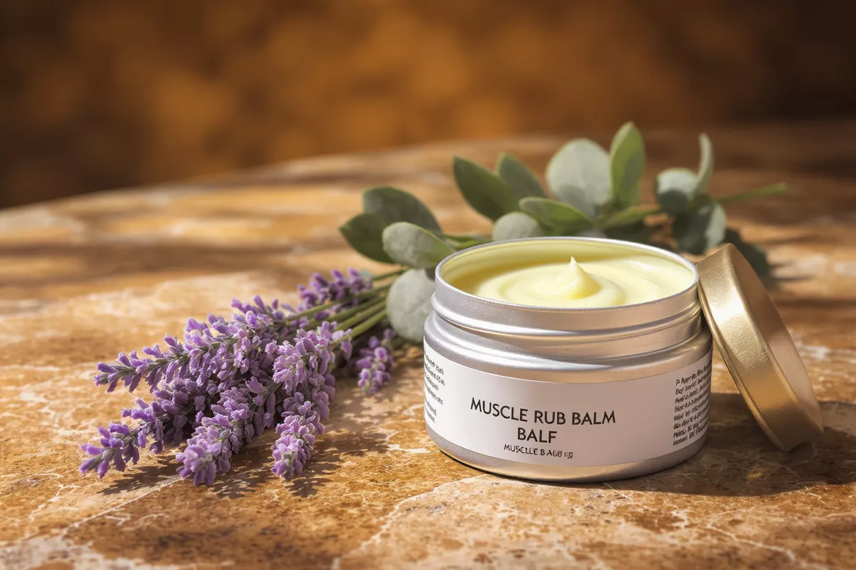Una lata de bálsamo muscular con lavanda y eucalipto sobre una superficie texturizada.