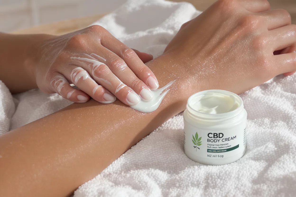 Manos aplicando crema corporal blanca con CBD en un antebrazo sobre una toalla blanca.
