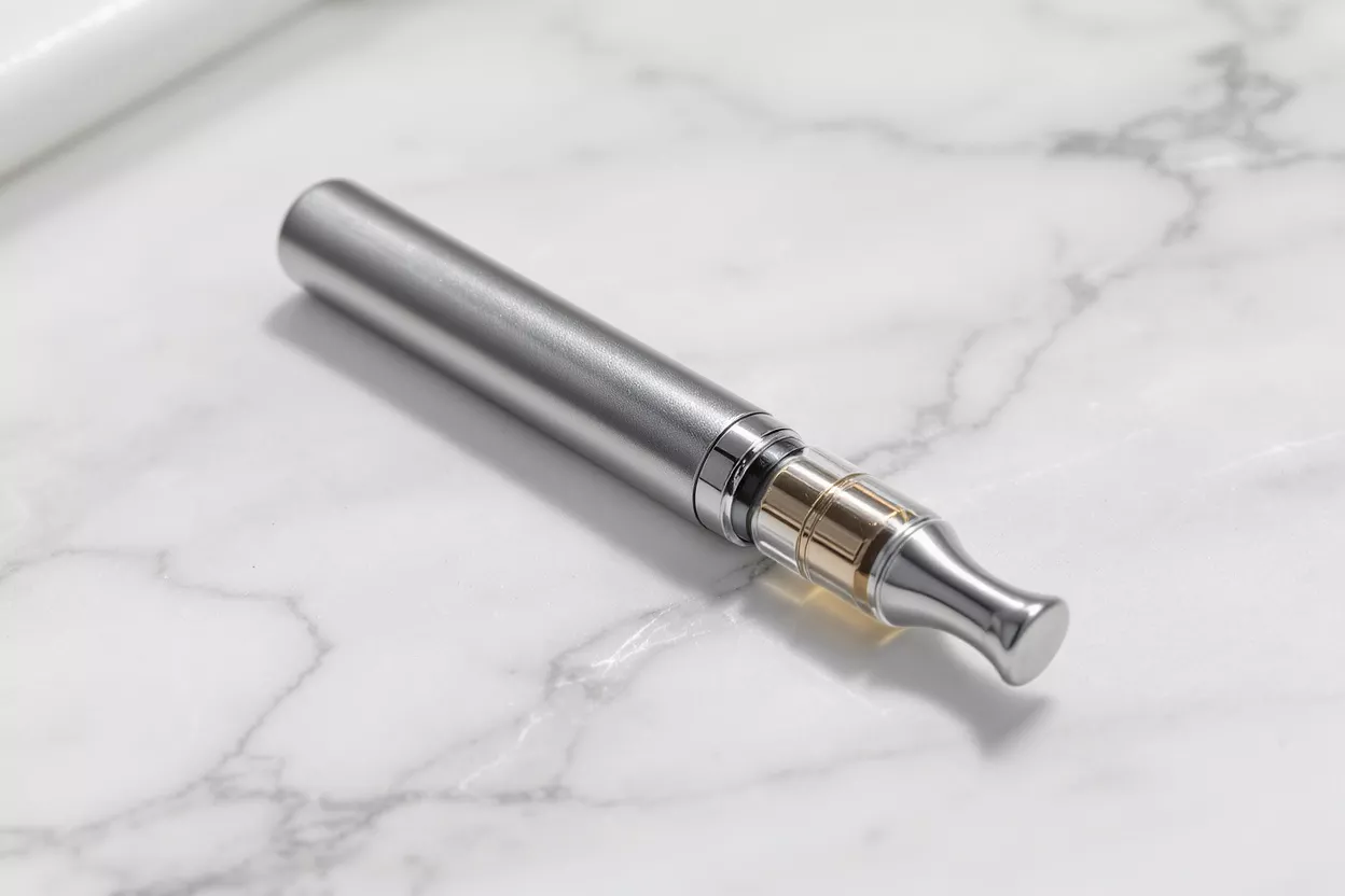 A silver vape pen with a gold-tinted liquid chamber on a white marble surface.