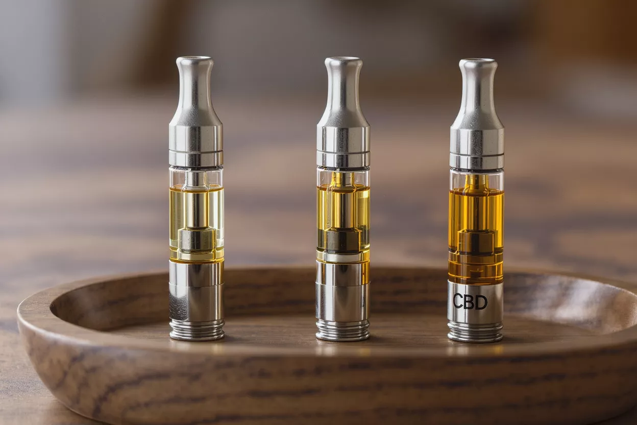 Three CBD vape cartridges with golden oil in a wooden tray.
