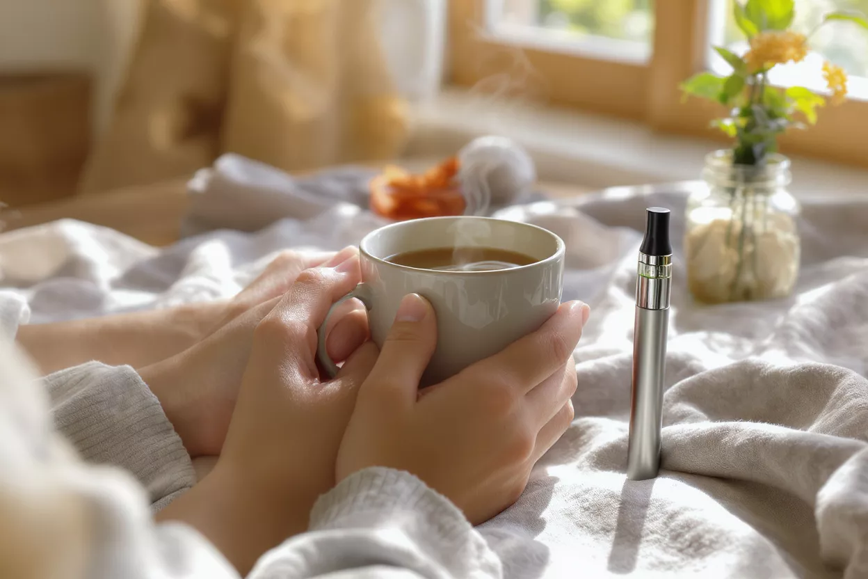 Hands holding a steaming coffee cup next to a vape pen on a blanket.