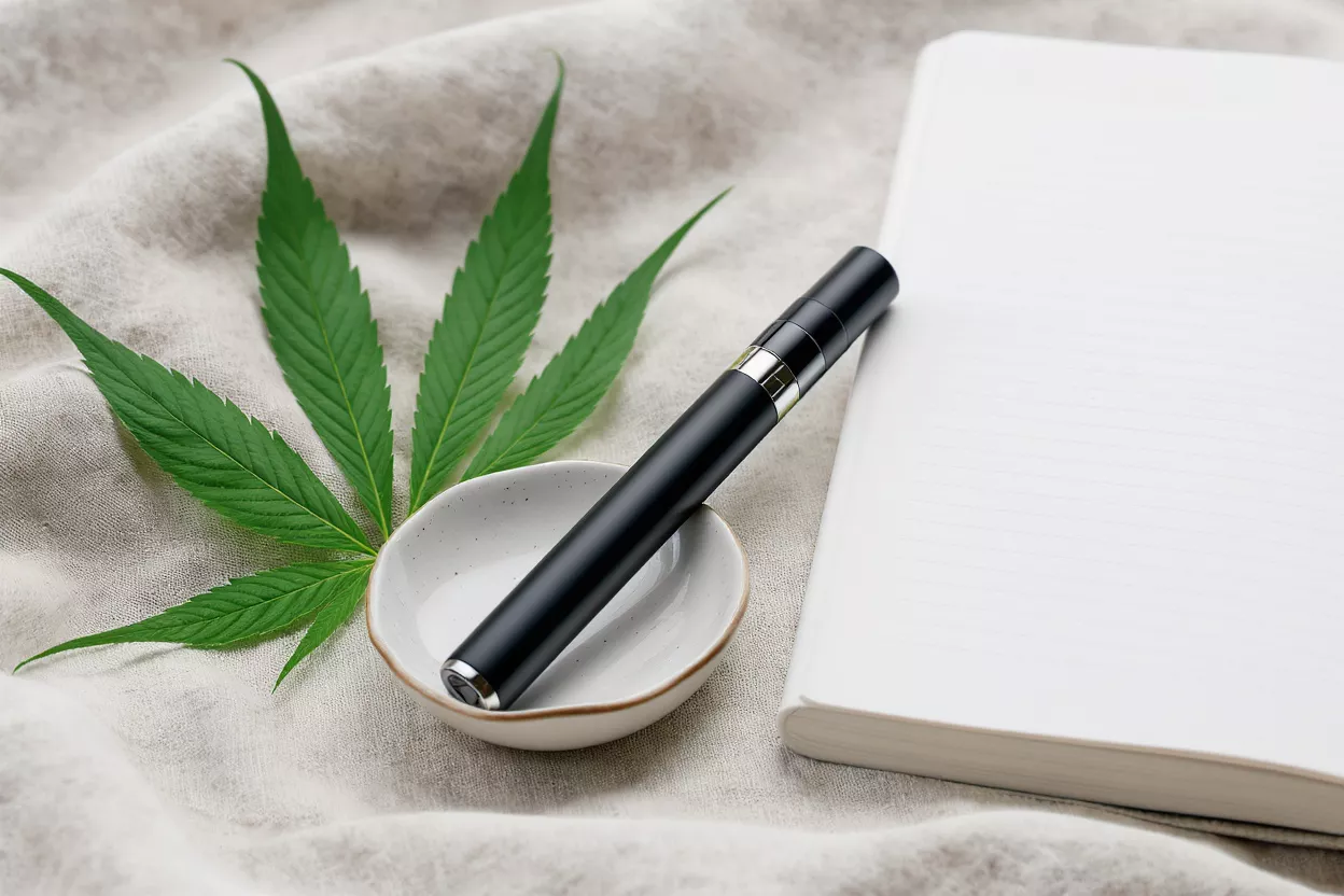 Cannabis leaf, black vape pen in bowl, and white notebook on linen.