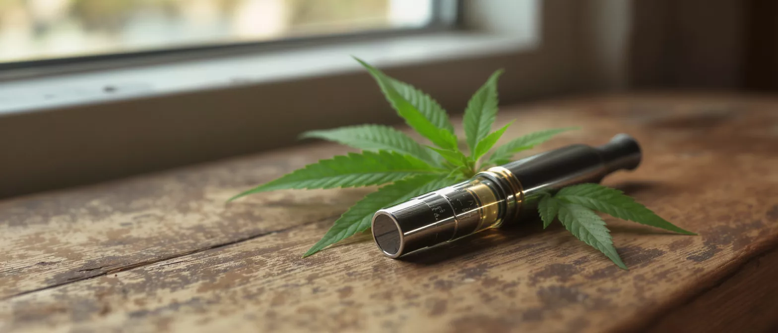 Cannabis Vape Pen and Leaf A cannabis vape pen and a green cannabis leaf on a rustic wooden surface.